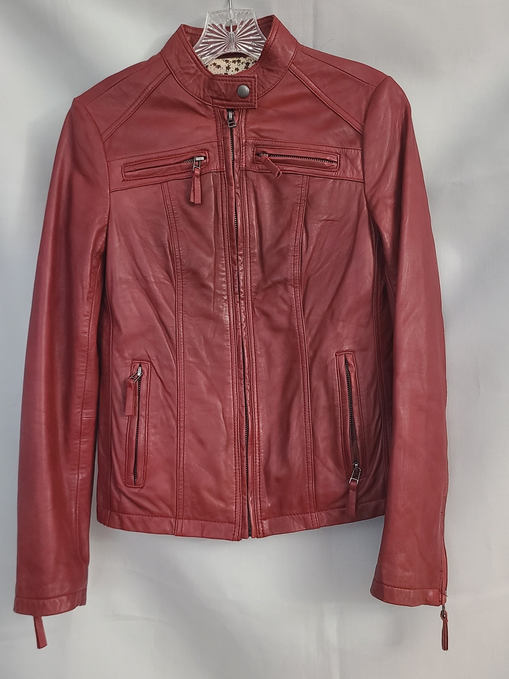 Black Rivet XS Red Leather Shell Stand Collar Multiple Zip Pockets Moto Jacket